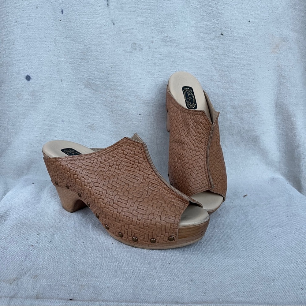 Salpy Anthropologie Handcrafted Leather Wood Leather Mules Slide Heels Clogs